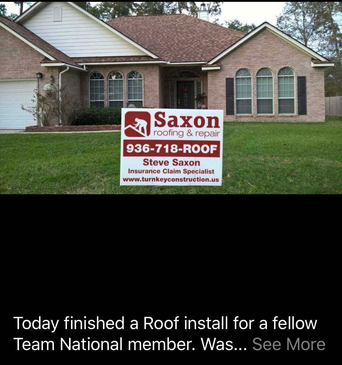 A saxon roofing and repair sign in front of a house