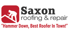 The logo for saxon roofing and repair says hammer down , best roofer in town.