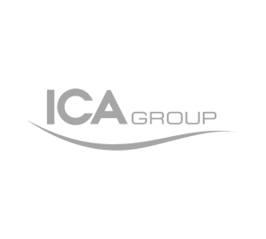 Logo del gruppo ICA con testo grigio e linea curva.