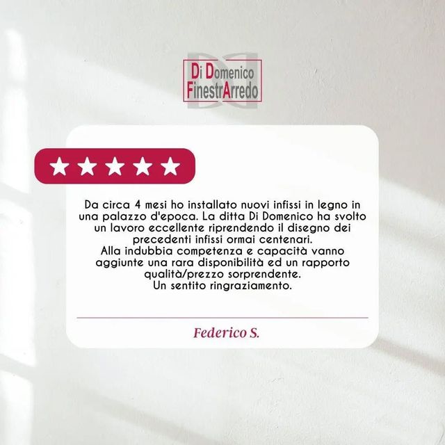 Scheda di recensione per Di Domenico FinestrArredo con cinque stelle, che elogia il loro lavoro in un palazzo storico.
