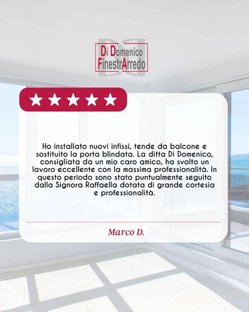 Scheda di recensione per Di Domenico FinestrArredo con valutazione a 5 stelle e testimonianza del cliente sulle installazioni di finestre e porte.