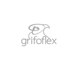 Logo Grifoflex con testa di uccello stilizzata e testo. Grigio su sfondo bianco.