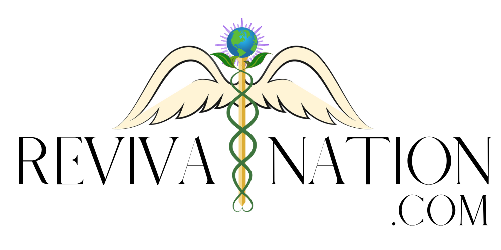 The logo for reviva nation .com has a caduceus and wings on it.