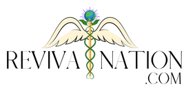 The logo for reviva nation .com has a caduceus and wings on it.