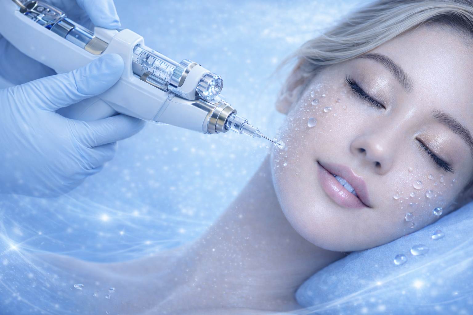 Woman receiving facial treatment with a device, water droplets on face, blue background.