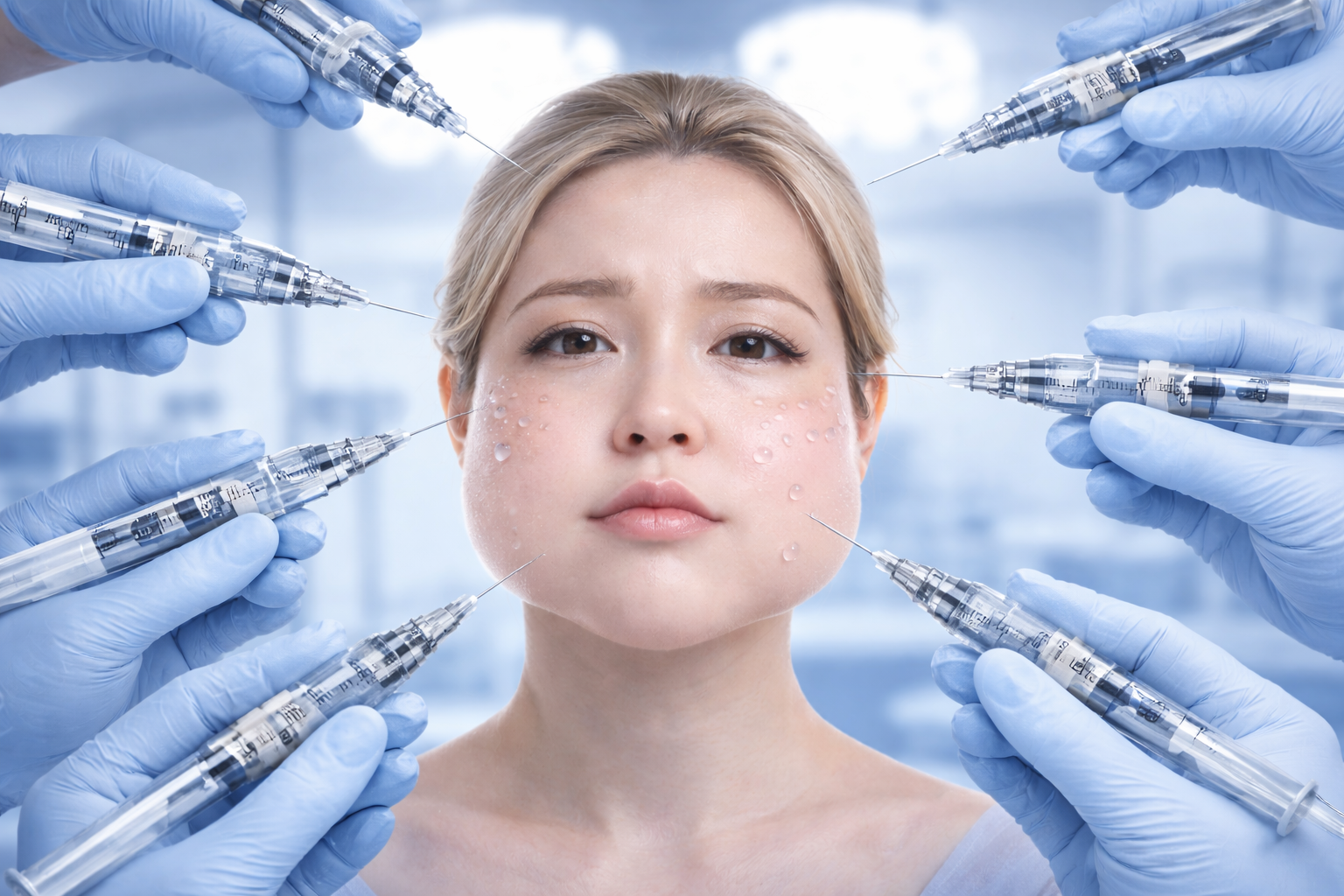 Woman's face surrounded by gloved hands holding syringes, suggesting a cosmetic procedure.
