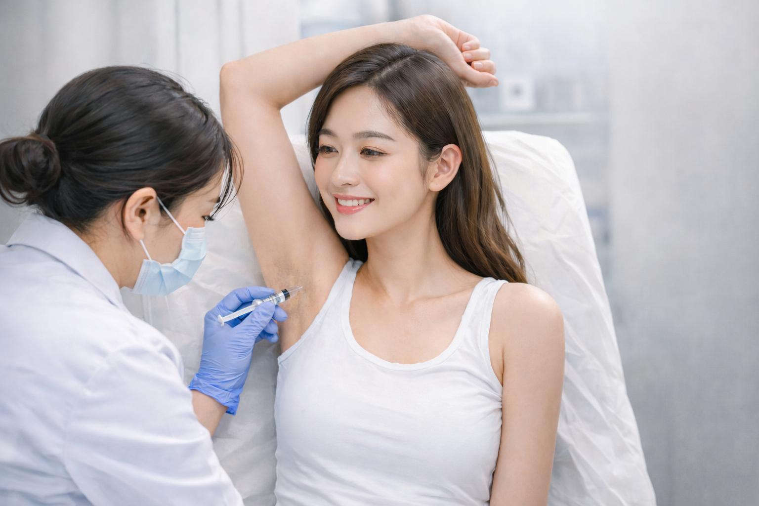 Doctor injecting a substance into a patient's underarm, in a clinical setting.