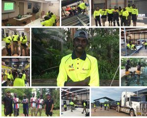 Man in a bright yellow shirt smiles. Photos of workers in various settings, including training and outdoor projects.