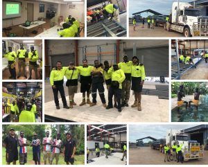 Construction workers in safety vests. Group photos, truck loading, training session.