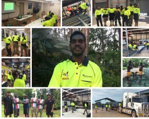 Man in a yellow shirt in a collage of photos showing him and a group of workers in various construction settings.