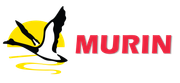 Logo of a bird in flight over water and sun. Red text reads 