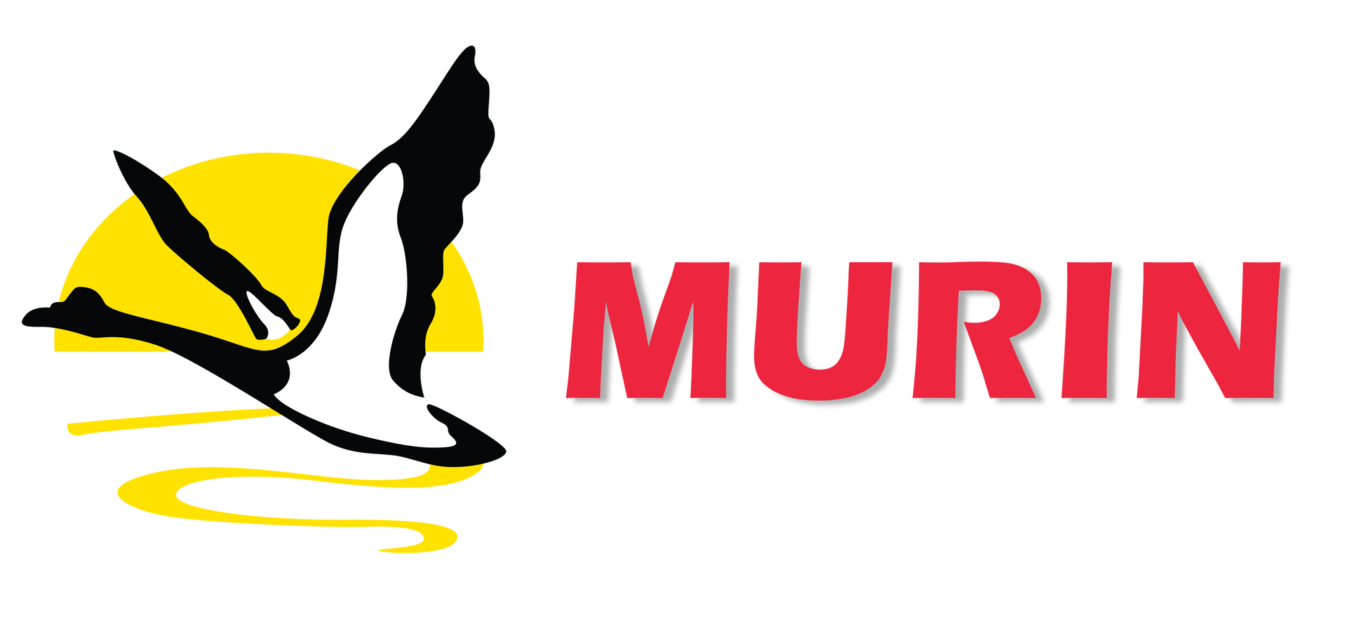 Logo of a bird in flight over water and sun. Red text reads 