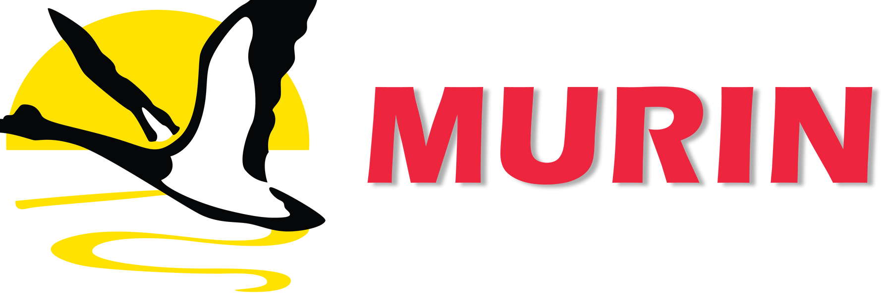 Logo with a black and white bird flying in front of a yellow sun, 