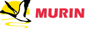 Logo with a black and white bird flying in front of a yellow sun, 