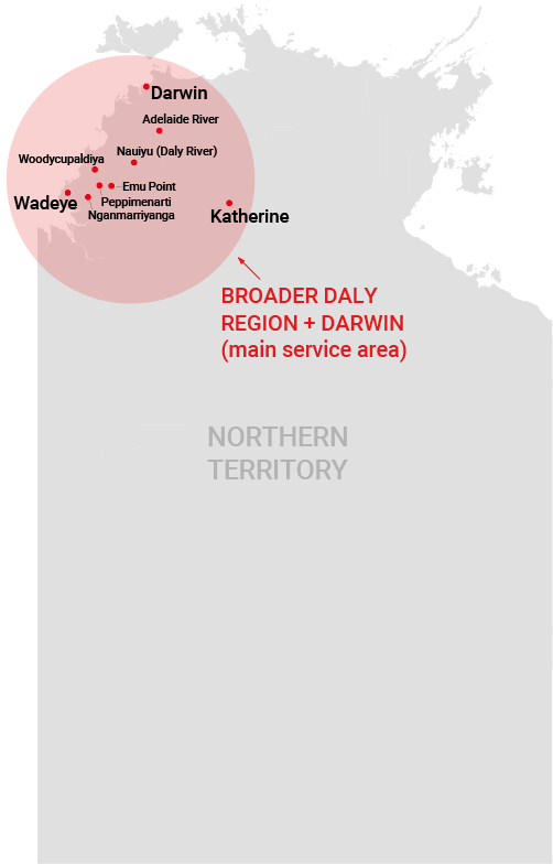 Map of Northern Territory, Australia, highlighting the Broader Daly Region and Darwin, with key towns.