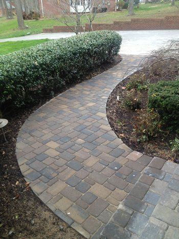 A brick walkway leading to a driveway with bushes on both sides.