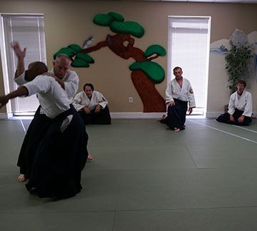 A group of men are practicing martial arts in a gym.