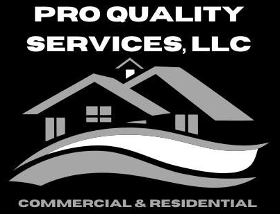 Logo for Pro Quality Services, LLC, featuring two houses and a wavy design; text reads