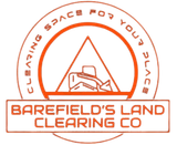 Orange logo: Bulldozer inside a triangle, "Clearing Space for Your Place," "Barefield's Land Clearing Co" in a box.