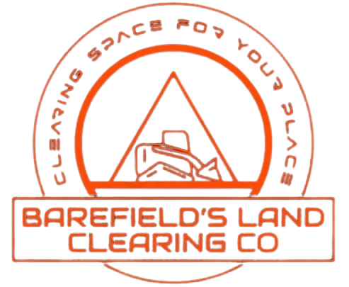 Orange logo: Bulldozer inside a triangle, "Clearing Space for Your Place," "Barefield's Land Clearing Co" in a box.