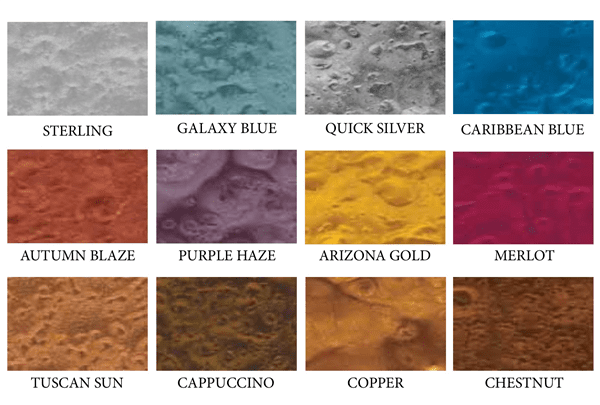 Color swatches: Sterling, Galaxy Blue, Quick Silver, Caribbean Blue, Autumn Blaze, Purple Haze, Arizona Gold, Merlot, Tuscan Sun, Cappuccino, Copper, Chestnut.