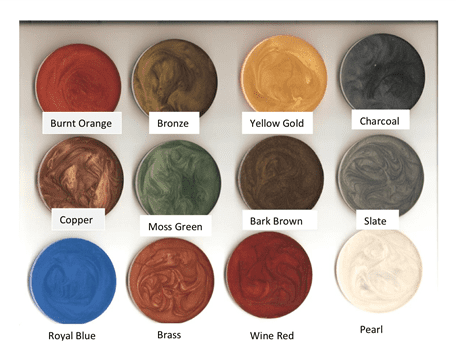 Color palette with samples labeled: burnt orange, bronze, yellow gold, charcoal, copper, moss green, bark brown, slate, royal blue, brass, wine red, and pearl.