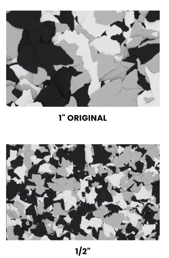Two close-up views of speckled flooring: one original, one resized to half size. Black, white, and gray chips.