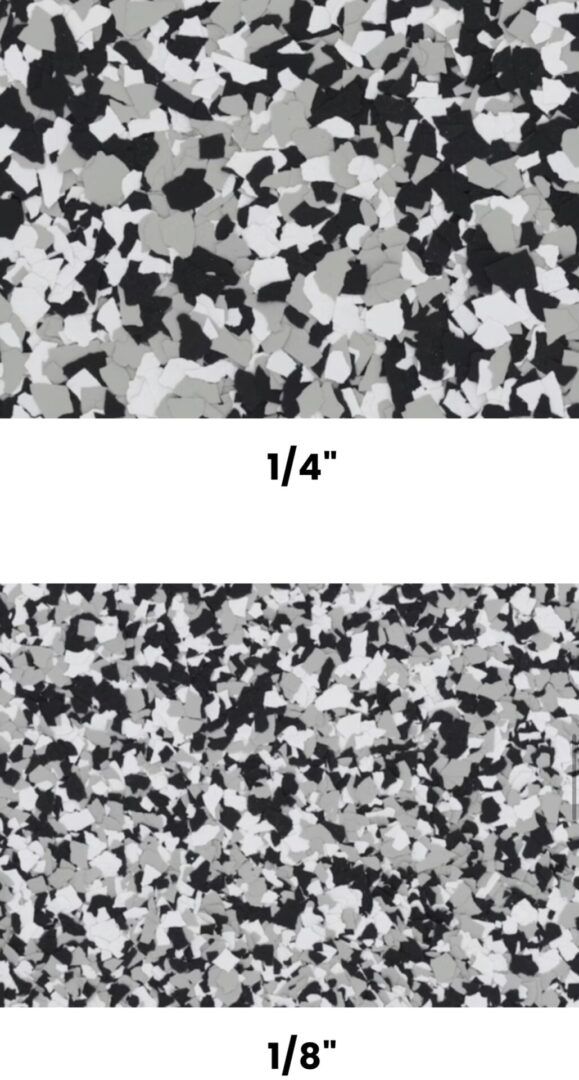 Two flooring samples with a speckled pattern in shades of gray, black, and white; one is 1/4