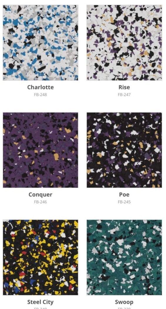 Six samples of speckled rubber flooring in various colors, each with a name: Charlotte, Rae, Conquer, Poe, Soul City, and Swoop.
