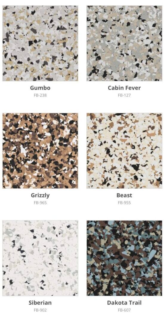 Samples of speckled flooring in various colors, including gray, brown, and blue.
