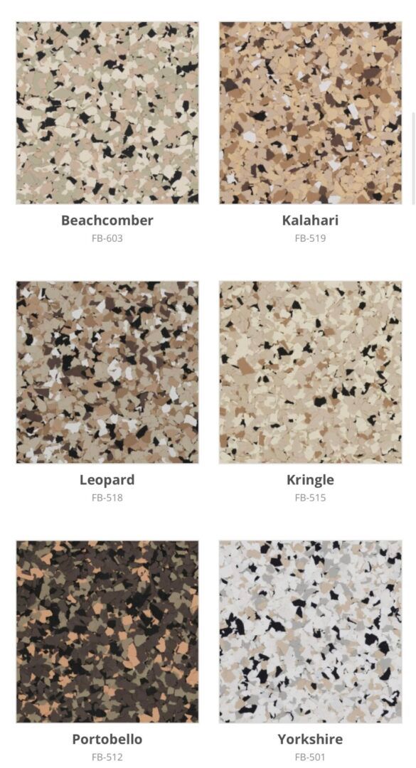 Samples of speckled flooring in various neutral colors.