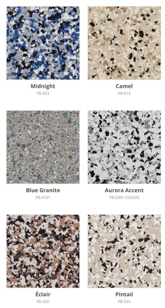 Floor coating samples in various color patterns: Midnight, Camel, Blue Granite, Aurora Accent, Cuir, and Finwell.