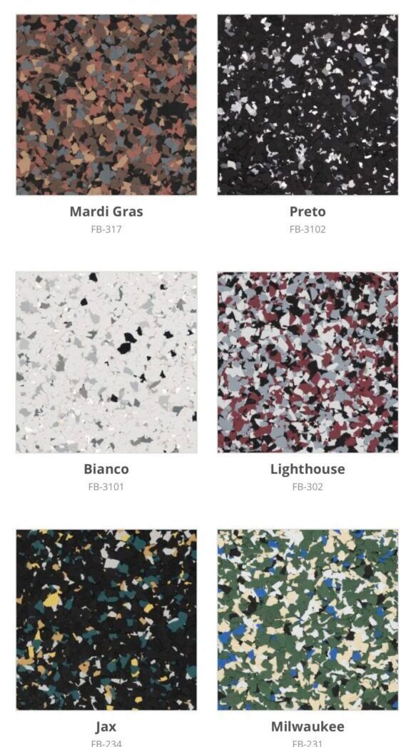 Various speckled floor tile samples: brown, black, white, red, dark blue, and green.