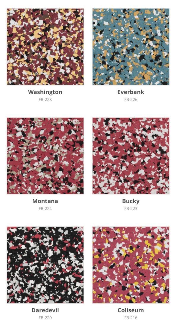 Six speckled floor tile designs: Washington (browns/gold), Inbrook (blues), Vermont (reds/white), Rocky (reds/black), Barccel (black/white), Eastman (reds/gold).