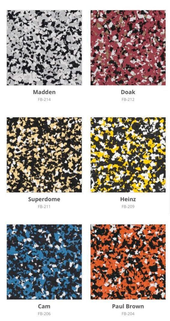 Close-up swatches of speckled flooring in various colors: white, red, yellow, blue, and orange.