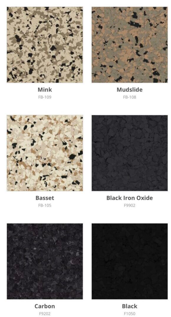 Collection of six speckled countertop samples in shades of tan, brown, and black.
