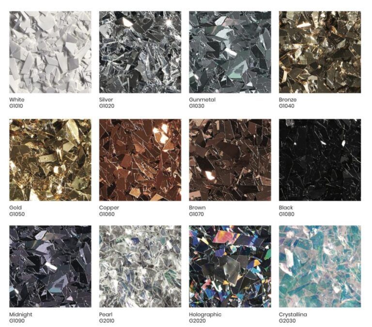 Color swatches of reflective flakes: white, silver, gunmetal, bronze, gold, copper, brown, black, midnight, pearl, holographic, crystalline.