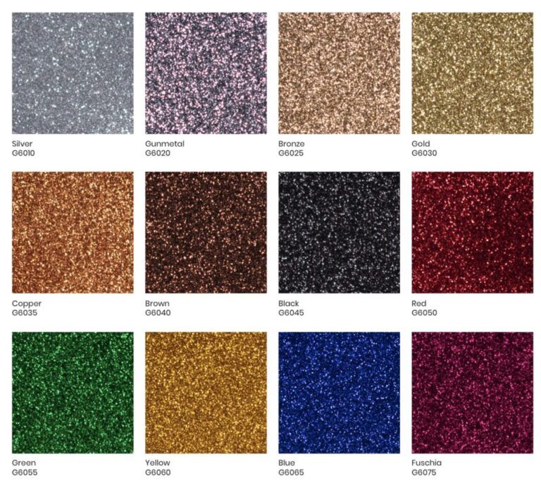 A color chart displays glitter in various shades: silver, copper, gold, brown, blue, green, and red.