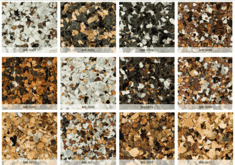 Twelve speckled epoxy floor samples in various earth-tone color combinations.