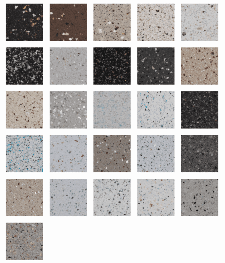 Swatches of speckled solid surface material in various neutral colors.