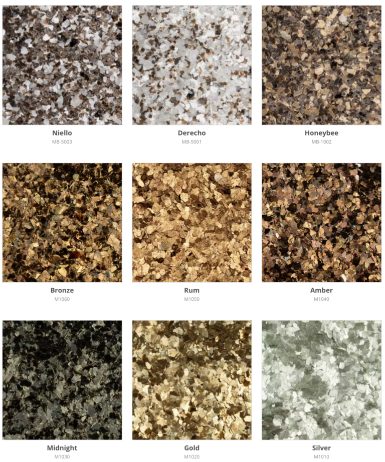 Nine samples of floor coatings with various color flecks: beige, silver, gold, bronze, and brown.