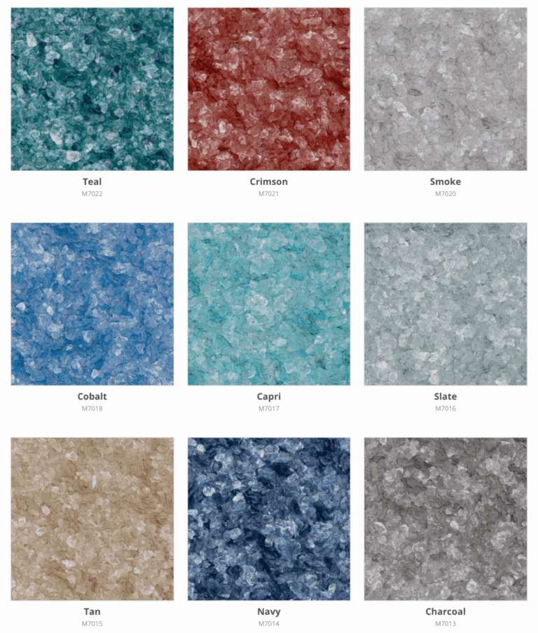 Nine swatches of various crushed stone textures in colors like teal, crimson, and tan.