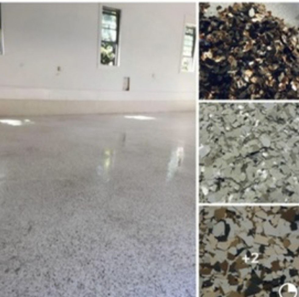 Garage with shiny, speckled concrete floor, next to closeups of decorative chips used for coating.