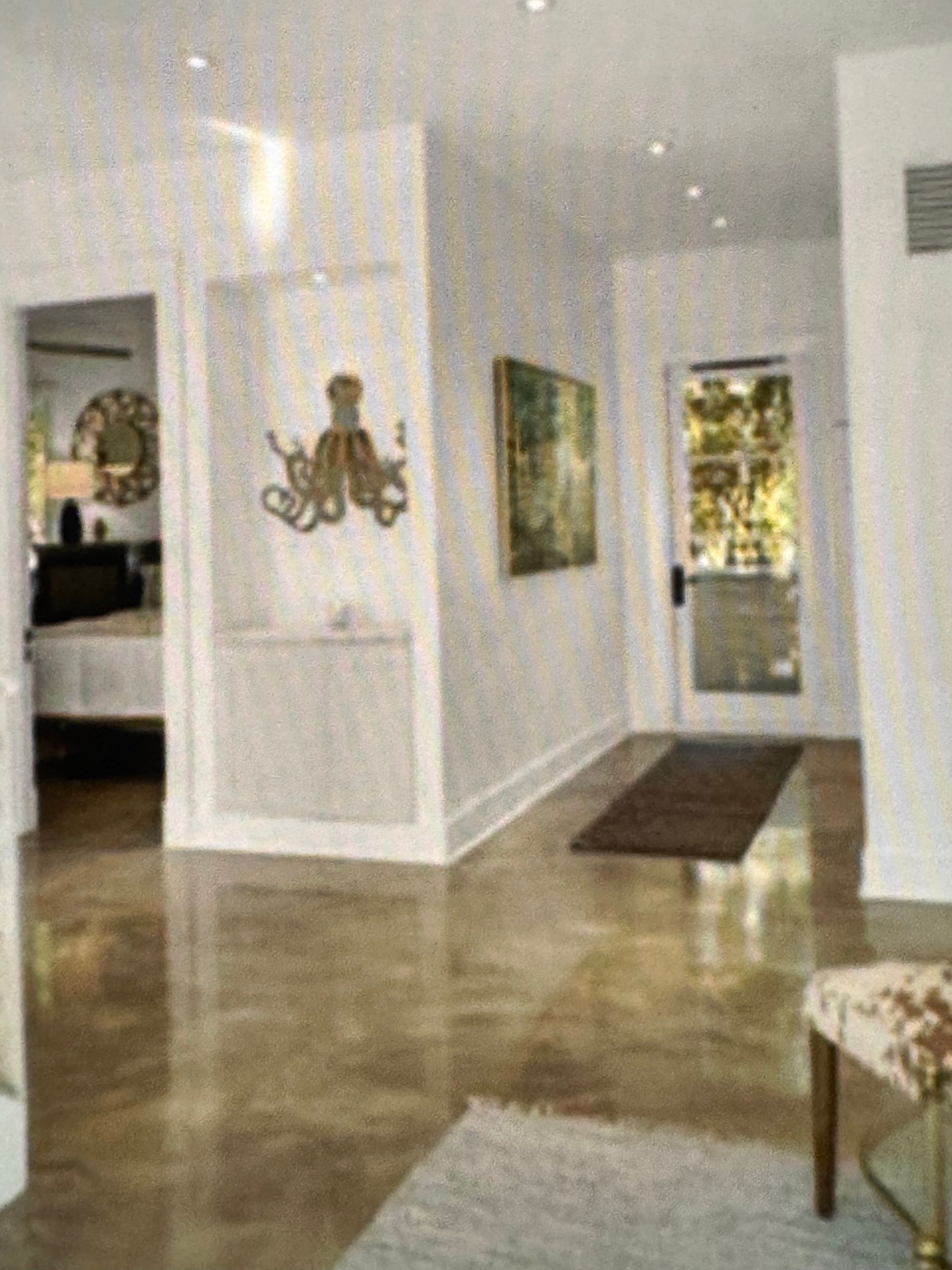 Hallway with polished concrete floor, art, and partially visible rooms.