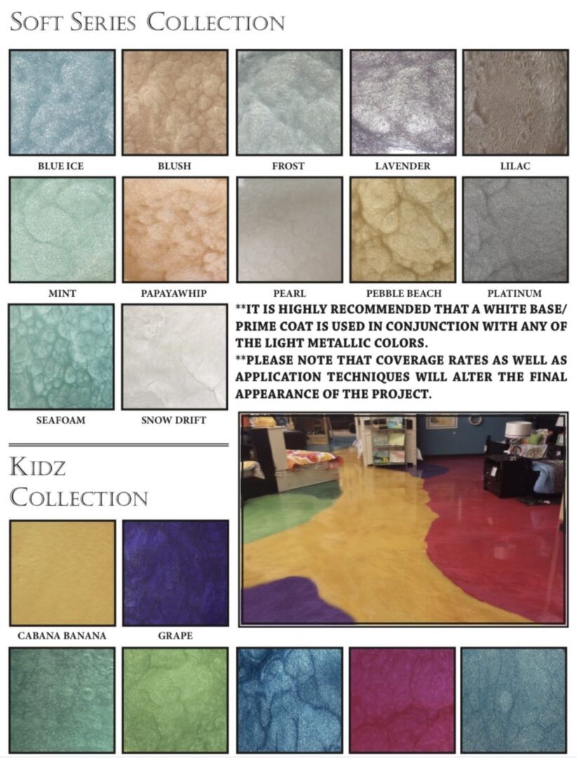 Floor coatings samples, Soft Series and Kidz Collection, with color swatches and floor application example.