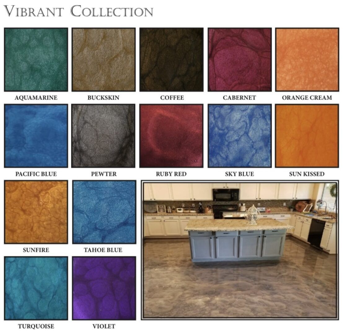 Vibrant Collection floor colors: Aquamarine to Violet, plus a kitchen with concrete flooring and blue cabinets.