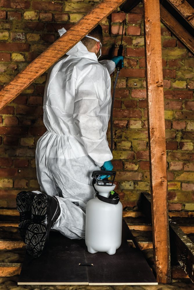 Person In Protective Suit Spraying A Brick Wall In An Attic — Brazel's Pest Control in Coffs Harbour, NSW