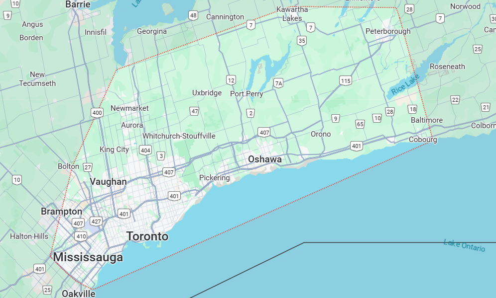 Map of Southern Ontario highlighting Illumination Pros' service coverage area including the Greater Toronto Area, Durham Region, Clarington, Kawartha Lakes, and Peterborough. Cities shown include Toronto, Mississauga, Brampton, Vaughan, Oshawa, Pickering, Cobourg, Lindsay, and Peterborough.