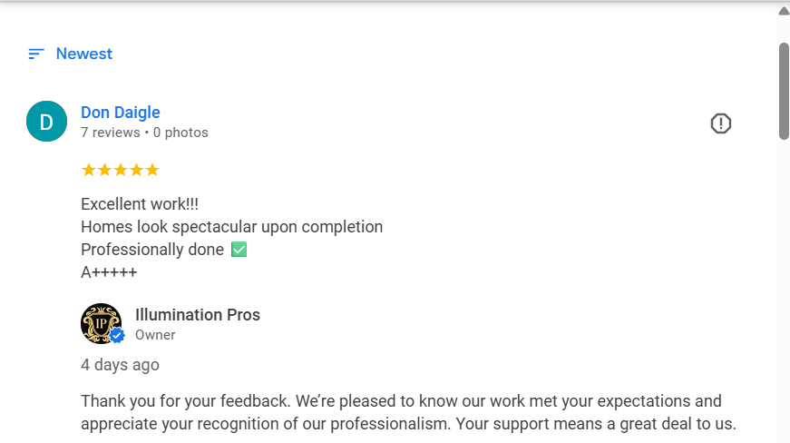 Google review by Don Daigle praising Illumination Pros for excellent, professional work and spectacular home lighting results.