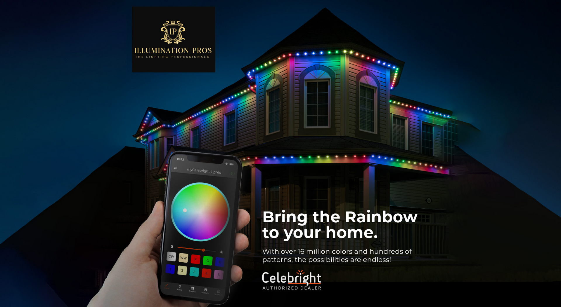 Smartphone-controlled RGB permanent holiday lighting on home, featuring Celebright app with 16 million color options